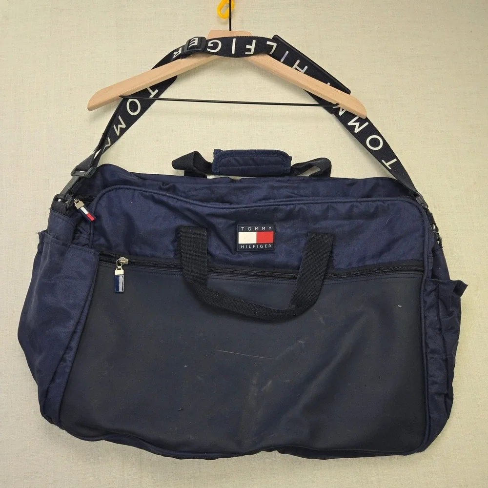 VTG Tommy Hilfiger Duffle Bag Blue Carry On Large Logo Strap Travel Weekender XL